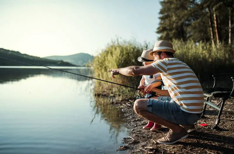 Canva A Mature Father with a Small Toddler Son Outdoors Fishing by a Lake.